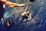 Astronaut Alan B. Shepard is rescued by a U.S. Marine helicopter at the end of his sub-orbital Mercury-Redstone 3 (MR-3) flight May 5, 1961.