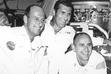 Pete Conrad, Dick Gordon, and Al Bean pose during a visit to North American Rockwell Space Division, Downey, California for spacecraft checkout.