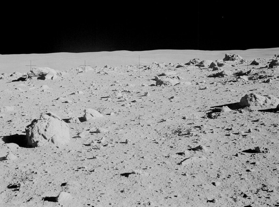 Apollo 14 commander Alan Shepard photographed this overall view of a field of boulders on the flank of Cone Crater during the second extravehicular activity (EVA) on the lunar surface.