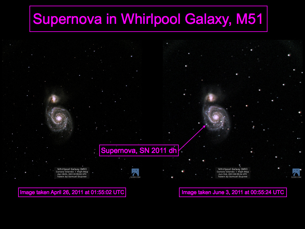 Supernova in Whirlpool Galaxy, M51 by Slooh Space Camera