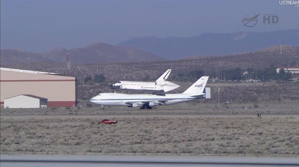 Endeavour Taxis atop Shuttle Carrier Aircraft