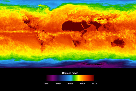 The Atmospheric Infrared Sounder (AIRS) instrument aboard NASA’s Aqua satellite senses temperature using infrared wavelengths. This image shows temperature of the Earth’s surface or clouds covering it for the month of April 2003. The scale ranges from -81 degrees C (-114 F) in black/blue to 47 C (116 F) in red.