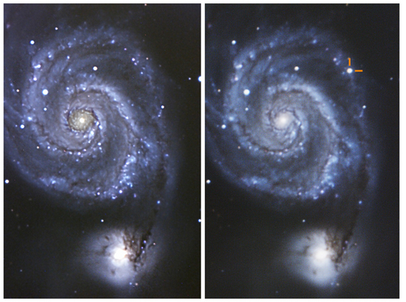 The Whirlpool galaxy (M51) before (left) and after (right) the eruption of supernova SN 2011dh in May 2011. The image on the left was taken in 2009, and on the right July 8th, 2011.