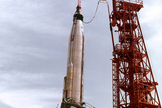 NASA astronaut Walter "Wally" Schirra launched aboard the "Sigma 7" Mercury spacecraft atop an Atlas rocket at 7:15:11 a.m. EST on Oct. 3, 1962 from Complex 14 at Cape Canaveral, Fla.