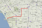 This map shows the 12-mile route the space shuttle Endeavour will take from Los Angeles International Airport (lower left) to the California Science Center on Oct. 12-13, 2012.