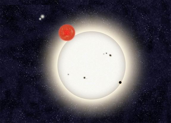 In this family portrait of the PH1 planetary system, the newly discovered planet is depicted in this artist's rendition transiting the larger of the two eclipsing stars it orbits. Off in the distance, well beyond the planet orbit, resides a second pair of stars bound to the planetary system. Released Oct. 15, 2012.