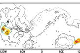 Sketch map of mid-latitudes on Mars, shows colored spots marking climate model predictions of maximum ice deposition on Mars during periods of extreme axial tilt. Reddest colors indicate peak ice deposits. Crater “Greg,” with unusual concentration of strong glacial features, is light-toned circle near center of ice deposition region in the lower right.