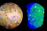 Galileo spacecraft observations: a three-color global scale view of Io obtained on 3 July 1999 (Orbit 21) with a resolution of 1.3 km per pixel is shown on the left. The corresponding infrared image on the right was taken at 4.7 μm on October 16 2001 in daytime and has a spatial resolution of 30 km/pixel obtained . The near infrared picture shows the active volcanoes glowing thermal radiation.