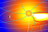 Radiation from the sun, either constantly streaming or spiking with solar flares and coronal mass ejections, poses a danger to astronauts in space. In this artist's image, radiation streams away from the sun along the (blue) curved magnetic field lines, arriving before the (orange) cornal mass ejection.