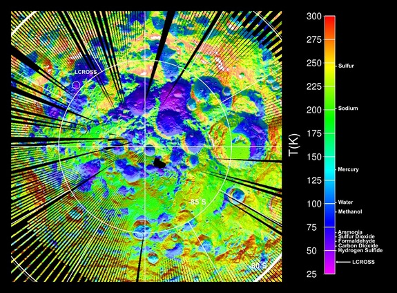 LRO Diviner Lunar Radiometer Experiment surface temperature map of the south polar region of the Moon. The data were acquired during September and October 2009, when south polar temperatures were close to their annual maximum values. The map shows the locations of several intensely cold impact craters that are potential cold traps for water ice as well as a range of other icy compounds commonly observed in comets.