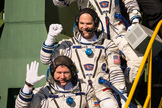 Expedition 33/34 crew members, Soyuz Commander Oleg Novitskiy, bottom, Flight Engineer Kevin Ford of NASA, and Flight Engineer Evgeny Tarelkin of ROSCOSMOS, top, wave farewell before boarding their Soyuz rocket just a few hours before their launch to the International Space Station on Tuesday, October 23, 2012, in Baikonur, Kazakhstan.