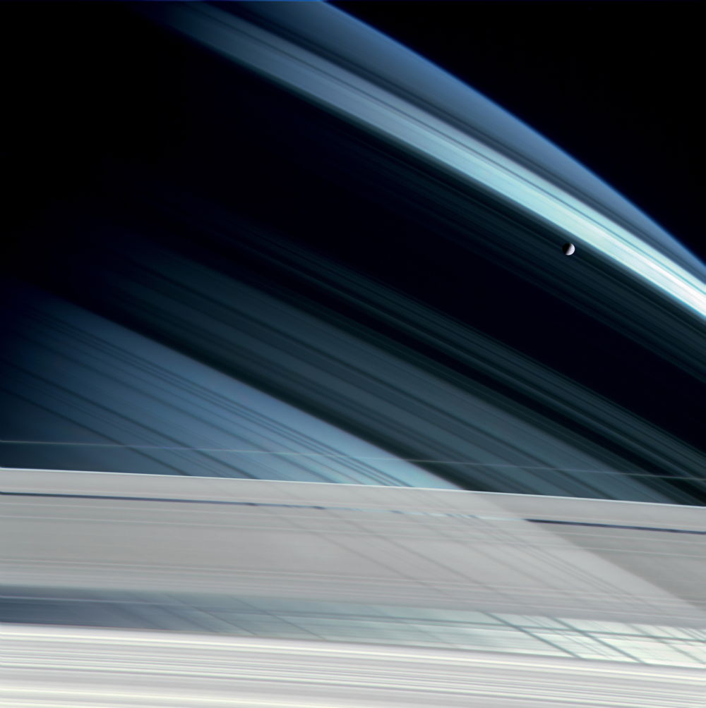 Planetfall: Mimas Against Saturn Rings Shadows