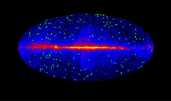 This plot shows the locations of 150 blazars (green dots) used in the EBL study. Image released Nov. 1, 2012.