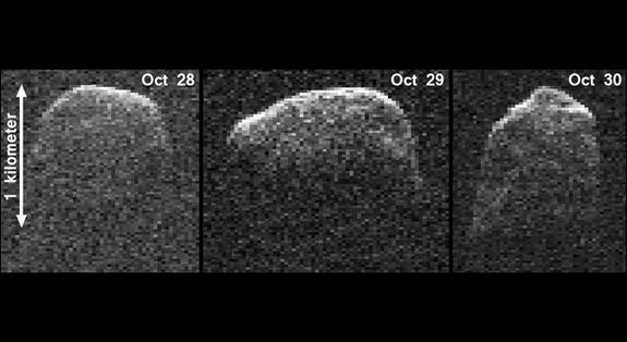 This composite image of asteroid 2007 PA8 was obtained using data taken by NASA's 230-foot-wide (70-meter) Deep Space Network antenna at Goldstone, Calif. The composite incorporates images generated from data collected at Goldstone on Oct. 28, 29, and 30, 2012.