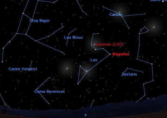 Look inside the sickle of Leo for the point in the sky from which the Leonid meteors appear to radiate.