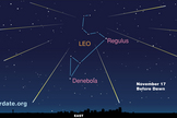 This sky map for the Leonid meteor shower of 2012 shows the location of the radiant (center) before dawn on Saturday, Nov. 17 - the peak viewing time.
