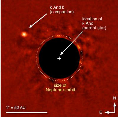 This is a false color, near-infrared (3.8 micron) image of the Kappa And system. The light from the host star (center) has been removed through image processing. The super-Jupiter, Kappa And b (upper left), has a projected separation of 55 Astronomical Units, about 1.8 times that of Neptune's orbital separation. The speckled pattern surrounding the software-generated mask at the center represents residual noise from the starlight subtraction. The Subaru Telescope in Hawaii captured the image in July 2012.