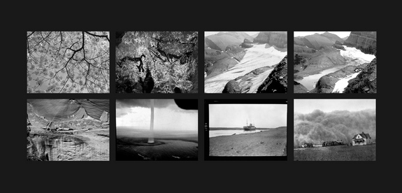 The Last Pictures" montage. Top row (l to r): Cherry Blossoms; The Pit Scene, Lascaux Cave; Grinnell Glacier, Glacier National Park, Montana, 1940; Grinnell Glacier, Glacier National Park, Montana, 2006. Bottom row (l to r): Narbona Panel, Canyon de Chelly, Navajo Nation; Waterspout, Florida Keys; Suez Canal, Egypt; Dust Storm, Stratford, Texas.