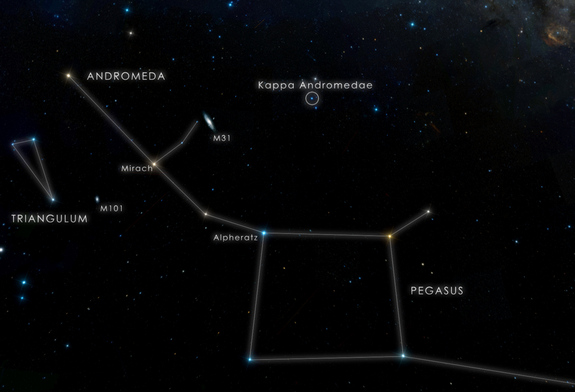 This chart locates the star Kappa Andromedae, which is visible to the unaided eye from suburban skies.