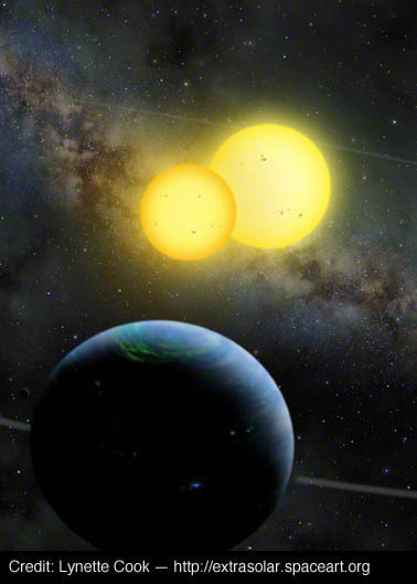 "Tatooine" Planet Kepler-35b: "This piece went through numerous adjustments as William Welsh and I iterated back and forth about orbit lines, lightning on the planet's dark side, the brightness of the aurora, and more," Cook said. "Attention to detail is what especially impresses me when I work with research astronomers, as all of us strive to 'get it right.'"