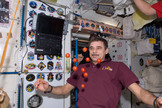 Russian cosmonaut Mikhail Kornienko, Expedition 23 flight engineer, is pictured near fresh tomatoes floating freely in the Unity node of the International Space Station in May 2010.