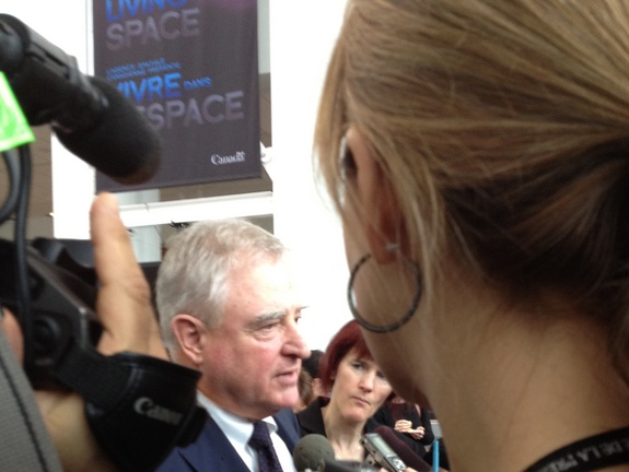 Aerospace review panel chair David Emerson speaks with media at the Canada Aviation and Space Museum in Ottawa, Canada.