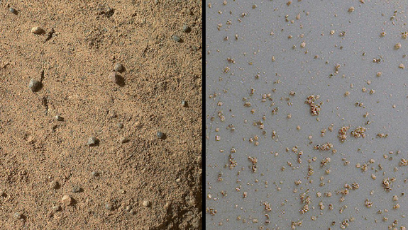 The Mars Hand Lens Imager (MAHLI) on NASA's Mars rover Curiosity acquired close-up views of sands in the "Rocknest" wind drift to document the nature of the material that the rover scooped, sieved and delivered to the Chemistry and Mineralogy Experiment (CheMin) and the Sample Analysis at Mars (SAM) in October and November 2012. Image released Dec. 3, 2012.