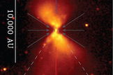 Images of the protostar taken with the Spitzer Space Telescope (top) and the Gemini North telescope (bottom). The contours outline the millimeter-wave emission as observed by the Submillimeter Array (SMA). The top image shows reflected light associated with the outflow from the protostar and the bottom image is showing reflected light from the upper surface of the disk around the protostar.