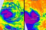 The AIRS instrument aboard NASA's Aqua satellite captured these infrared images of Tropical Cyclone Dumile on Jan. 2 at 2123 UTC, and Jan. 3 at 0936 UTC. The purple areas indicate the coldest, highest clouds with heaviest rainfall. The circular blue area in the middle of the purple area on the Jan. 2 image is Dumile's center.