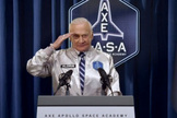 Buzz Aldrin salutes the camera in this still from a promotional video for the AXE Space Academy, a contest that aims to launch 22 winners on suborbital flights aboard XCOR Aerospace's Lynx spacecraft.