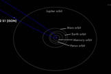 The orbit of Comet C/2012 S1 (ISON), better known as Comet ISON, is seen here in this still image from a NASA video.