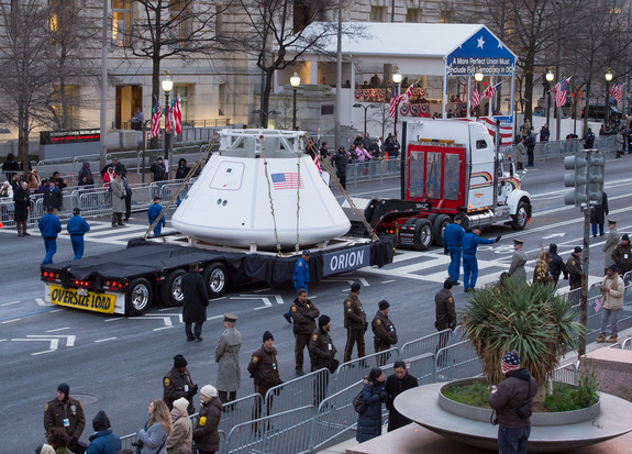 The Orion space capsule is seen as it rolls down Pennsylvania Avenue during the inaugural parade honoring President Barack Obaama, Monday Jan. 21, 2013, in Washington.