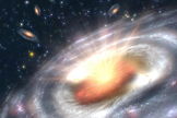 An artist's impression of a black hole like the one weighed in this work, sitting in the core of a disk galaxy. The black-hole in NGC4526 weighs 450,000,000 times more than our own Sun.