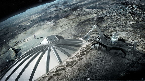 In this artist's rendering, a 3D printing robot pours layer after layer of hardened lunar dirt and dust onto an inflatable dome shell, 3D printing a lunar base.
