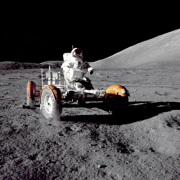 The Apollo 17 mission commander checks out the rover prior to loadup.