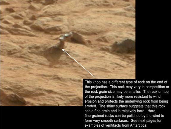 A close-up of a shiny, wind-sculpted rock photographed by NASA's Mars rover Curiosity on Jan. 30, 2013.