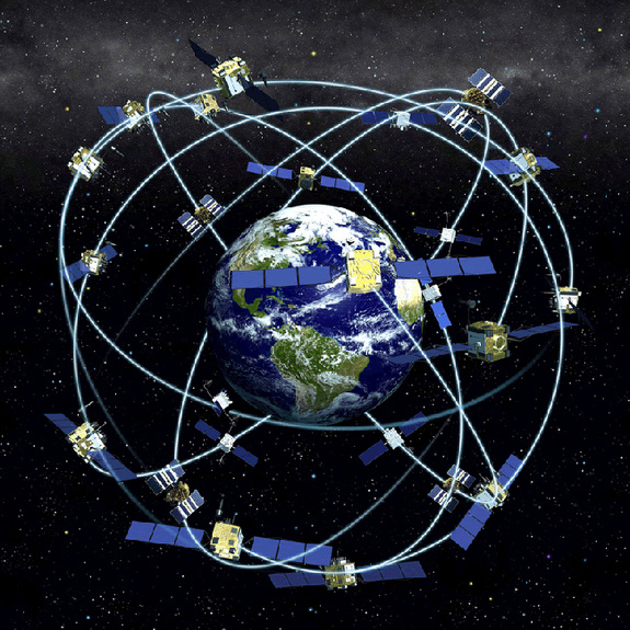 The orbits of GPS satellites are inclined to the Earth’s equator by about 55 degrees. The system is designed to ensure that at least four satellites are visible at least 15 degrees above the horizon at any given time anywhere in the world.