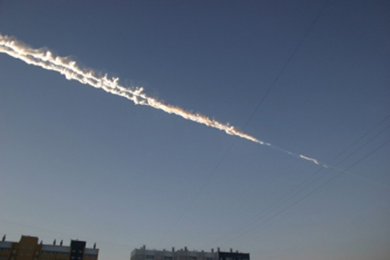 What appears to be a meteor trail over eastern Russia is seen in this image released Feb. 15, 2013, by the Russian Emergency Ministry. The meteor fall included a massive blast, according to Russian reports.