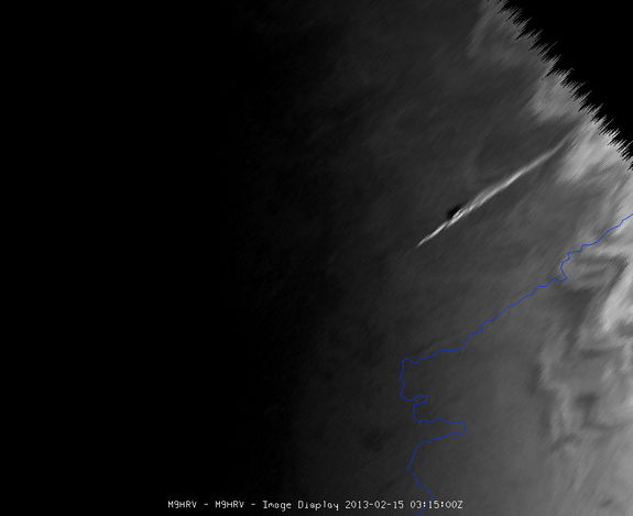 The meteor which exploded over the Urals of central Russia was seen by Meteosat-9, at the edge of the satellite view. Hundreds of people were reportedly injured as the meteor's massive sonic boom caused widespread damage. Image taken Feb. 15, 2013, 3:15 UTC.