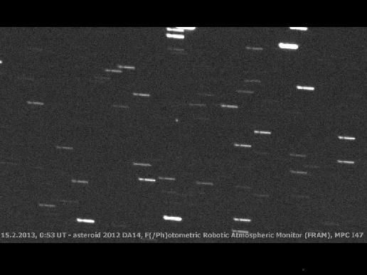 Asteroid 2012 DA14, appearing as the white dot in the middle of the picture, was seen by the FRAM Telescope in Argentina, part of the GLObal Robotic-telescopes Intelligent Array (GLORIA) project, in advance of its close approach to Earth. It was obtained at 7:53 p.m. EST, or 4:53 p.m. PST, on Feb. 14, 2013.