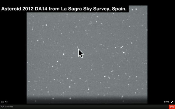 Asteroid 2012 DA14 is seen by the La Sagra Sky Survey, Andalucia, Spain. Image obtained Feb 15, 2013.