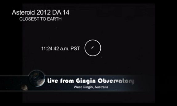 Asteroid 2012 DA14 is seen at closest approach to the Earth on Feb. 15, 2013 (EST).