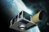 An artist's illustration of the NEOSSat asteroid-hunting satellite in Earth orbit. The Canadian Space Agency mission will search for large asteroids near Earth and track space debris.
