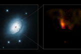 This composite image shows a view from the NASA/ESA Hubble Space Telescope (left) and from the NACO system on ESO’s Very Large Telescope (right) of the gas and dust around the young star HD 100546. Image released Feb 28, 2013.