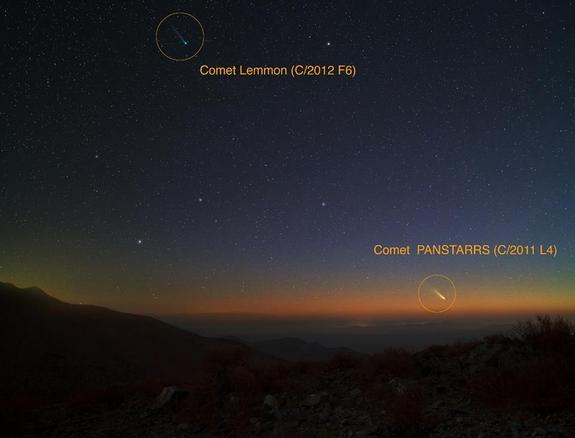 Yuri Beletsky, a Magellan Instrument Support Scientist at Las Campanas observatory located in Atacama Desert in Chile, used a Canon 5D Mark II camera with an exposure time of ~ 30 seconds on Feb. 28, 2013 to capture this image of Comets Pan-STARRS and Lemmon.