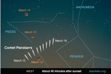 The location of Comet Pan-STARRS low in the western horizon in March 2013 is shown in this sky map released by StarDate Magazine, a publication of the McDonald Observatory at the University of Texas.