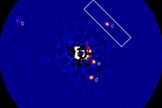 One of the discovery images of the supersized alien solar system around the star HR 8799, about 130 light-years from Earth, obtained by the Keck II telescope using an adaptive optics system and NIRC2 Near-Infrared Imager. The rectangle indicates the field-of view of the OSIRIS instrument. Image added March 14, 2013.