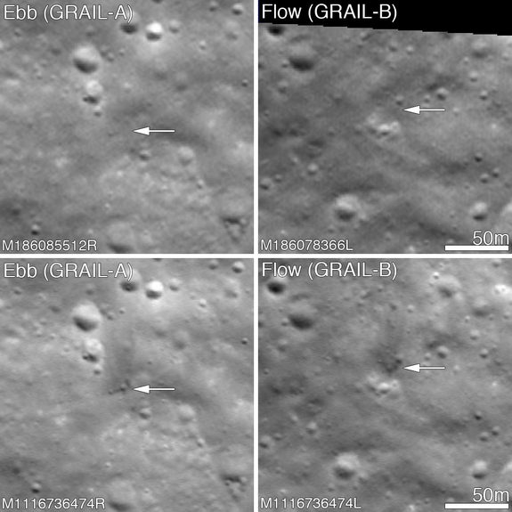 The twin GRAIL spacecraft impacted the Moon on 17 December 2012, LROC was able to image the impact craters on 28 February 2013 showing them both to be about 5 meters in diameter. Upper panels show the area before the impact; lower panels after the impact. Arrows point to crater locations. Image released March 19, 2013.