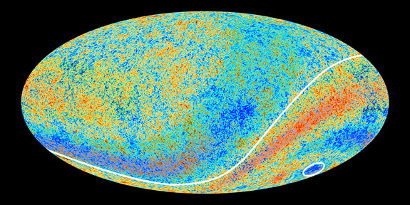 Two Cosmic Microwave Background anomalies hinted at by the Planck observatory's predecessor, NASA's WMAP, are confirmed in new high-precision data revealed on March 21, 2013. In this image, the two anomalous regions have been enhanced with red and blue shading to make them more clearly visible.