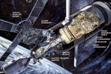 This illustration of Skylab shows the Apollo capsule, which was launched on a Saturn 1B rocket to ferry crews to space, docked to the multiple docking adapter, which was designed and built at NASA's Marshall Space Flight Center in Huntsville, Ala.